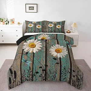 Daisy Dragonfly Comforter Set King Size Rustic Wooden Flower Dragonflies Bedding Set Retro Country Farmhouse Barn Door Comforter Spring Nature Floral Botanical Bedding Quilt with 2 Pillow Cases