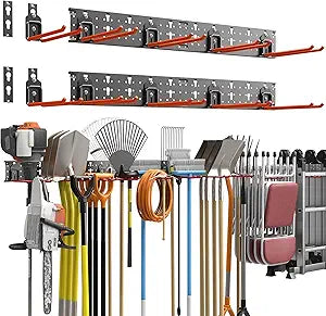 TORACK Garden Tool Organizer Wall Mount, Garage Folding Chair Storage Rack, Tools Rack for Shovels, Rakes, Broom, Ladders, Hooks for Keyhole Style Shelving Unit