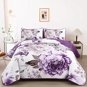 WONGS BEDDING Floral Quilt Set Purple Queen,Quilted Printed Lightweight Bedspread Bedding Set for All Season,3 Pieces Reversible Botanical Plant Coverlet Set with 2 Pillow Shams