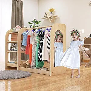 Kids Dress Up Storage with Mirror, Wooden Kids Dress Up Rack for Little Girls and Boys, Kid Wardrobe Closet with Storage Shelf