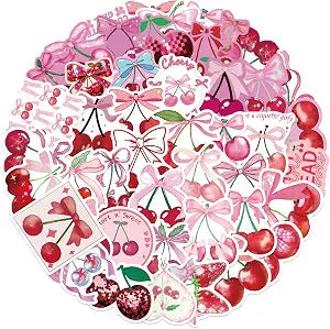 50pcs Pink Cherry Stickers, Cherry Aesthetic Vinyl Waterproof Sticker, Cute Fruit Stickers for Laptop Water Bottle Cell Phone Bedside Sticker Suitcase Skateboards Scrapbooking,Gifts for Girl Gift