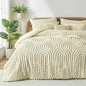 Nesker Boho Queen Comforter Set, 7 Pcs Tufted Beige Bedding Sets, Soft Cozy Chic Bed in a Bag, Arch Pattern Shabby Bed Set All Season with Comforter, Fitted Sheet, Flat Sheet & Pillowcases