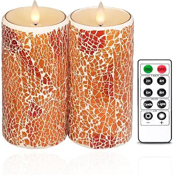 Glass Flameless Pillar Candles Flickering with Remote Timer, Battery Operated LED 3D Moving Flame Real Wax Candles,Remote Included (Crimson Orange Cracked Glass)
