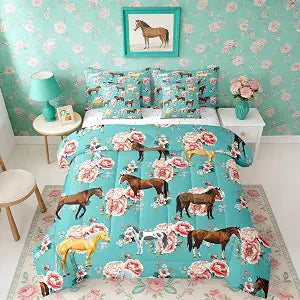 Erosebridal Kids Horse Twin Comforter Set 7 Pieces, Chic Retro Floral