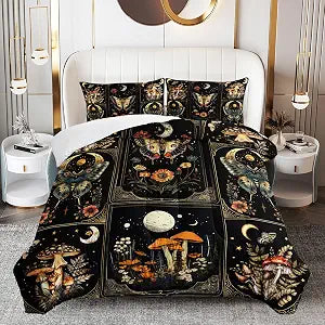 Mushroom Bedding Comforter Set for Kids Teens and Adults, Black Natural Wild Fungus and Butterfly Printed Quilt Set Twin Size, 3Pcs Room Decorative with1 Comforter with 2 Pillowcases