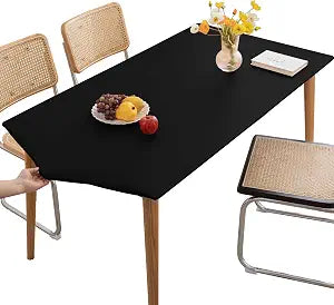PU Stretch Fitted Rectangle Tablecloth with Elastic Edge 35 x 55 Inch Waterproof Oil Proof Table Cloth Wipeable Table Cover for Indoor Outdoor Furniture Protect (Black,35"x55")