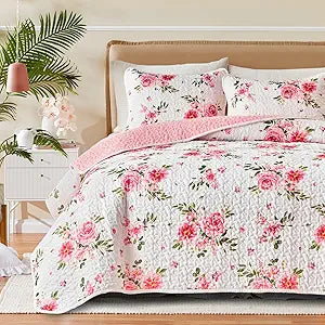 UOZZI BEDDING Floral Quilt Set 3 Pieces Queen Size White Pink Flower Soft Microfiber Lightweight Summer Reversible Coverlet Bedspread for All Season -1 Quilt 88 * 88 + 2 Pillow Shams