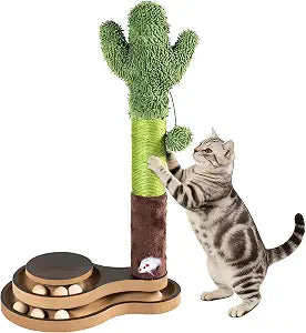 Cat Toys Cactus Cat Scratching Post, Natural Sisal Scratcher with Interactive Track Ball & Hanging Toys, Stable Anti-Tip Base Multi-Functional Cat Toy for Multi-Cat Households & Indoor Cats