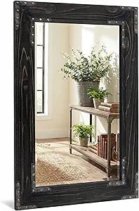 24" x 36" Rustic Black Bathroom Mirror, Handcrafted Farmhouse Vanity Mirror with Solid Wood Framed & Metal Rivet Corner Accents, Dark Wood Wall Mirror for Over Sink, Entryway