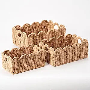 Scalloped Wicker Baskets, Set of 3 Hand-Woven Storage Baskets with Handles - Paper Rope Shelf Organizers & Decorative Baskets for Shelves, Closet, Bathroom (Tan