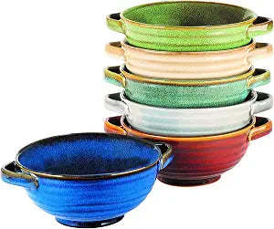 Artisan Stoneware Soup Crocks with Handles, Set of 6 20oz Colorful Reactive Glaze Bowls for Chili, Stew, Pasta & Casseroles Microwave, Oven & Dishwasher Safe Dinnerware