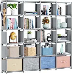 Mavivegue Book Shelf, Cube Storage Organizer, DIY Bookcase, Metal Bookshelf,Tall Book case for Bedroom, Living Room,Office,Closet, Cubicle Rack (20-Grid,Grey