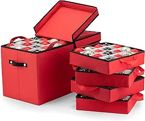 ZOBER Christmas Ornament Storage Box - Stores 128 3" Ornaments with Individual Trays - Tear Proof 600D Oxford Fabric - ornament organizer storage box, Durable Christmas Containers Holder - Red