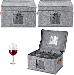 Garvee 3-Pack Stemware Storage Box with Dividers - 16x11.5x10 in Large Capacity Felt Glass Holder Organizer with Lids & Handles for Wine Glasses, Champagne Flutes, Crystal Cups Moving & Protection