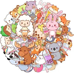 50Pcs Cute Bubble Tea Animal Stickers Pack Waterproof PET Cartoon Boba Tea Decals for Water Bottle Laptop Phone Case Scrapbook Journal Cup Luggage DIY Decor for Boba Lovers Kids Teens Adults