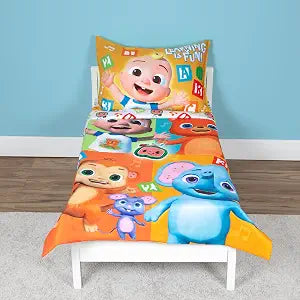 CoComelon Learning is Fun 4 Piece Toddler Bedding Set ��� Includes Comforter, Sheet Set ��� Fitted + Top Sheet + Reversible Pillowcase for Boys and Girls Bed, Letters and Music Design, Orange