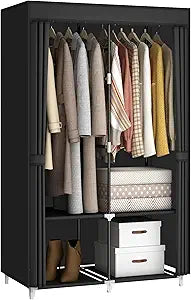 MOGELAFOO Portable Closet Wardrobe for Small Room, 35-Inch Clothing Organizer Storage Rack with 2 Clothes Hanging Rods and 4 Shelves, Non-Woven Fabric Cover, Black