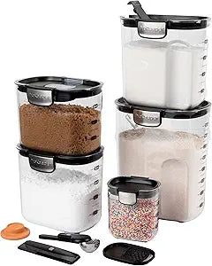 ProKeeper+ Airtight Food Storage Container Set Clear Plastic Flour and Sugar Canister Set with Magnetic Accessories for Kitchen Organization (Black, 9-Piece)