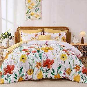 Annibedding Floral Queen Size Comforter Set, 8 Pieces Yellow Flower Botanical Soft Microfiber Bed in a Bag Bedding Set with Pillowcase Sheet for All Season (90"x90")