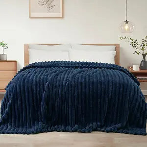 Exclusivo Mezcla California King Size Flannel Fleece Blanket, Super Soft Striped Jacquard Bed Oversized Blanket, Lightweight Fuzzy Cozy for All Seasons, 120x120 Inches, Navy Blue