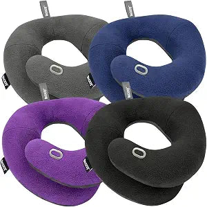 BCOZZY Travel Neck Pillow 4-Pack Large Size- Navy, Gray, Black & Purple - Adult Travel Pillow Bundle for Long Flights