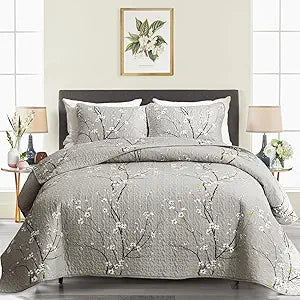 3 Pieces Quilt Set Queen Full Size 88x88 Gray Branch with White Orange Floral Style Soft Microfiber Lightweight Coverlet Bedspread Summer Bedding Set Bed Cover for All Season (1 Quilt+ 2 Shams)