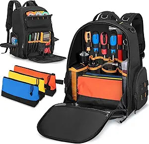 Rexmica Tool Bag Backpack with 3 Tool Zipper Pouch, Tool Organizer Bag for Men with Padded Support, Tactical Tool Storage Work Bag for Repairman, Electrician, Handyman, Black (Patented Design)