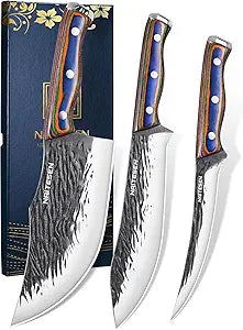 Naitesen 3PCS Hand Forged Butcher Knife Set - 15 Razor Sharp 6.5" Serbian Chef Knife, 8.5" Meat Slicer & 6.5" Boning Knife for Meat Cutting Kitchen Cooking BBQ - Gold-Stamped Gift Box
