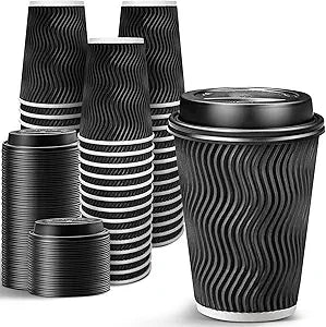 Ginkgo 100 Pack 12 oz Disposable Coffee Cups with Lids, To-Go Paper Coffee Cups for Hot Beverage, Chocolate and Cocoa, Coffee Bar Accessories - Black