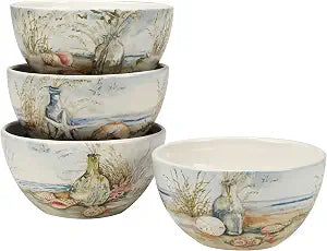 Coastal Landscape 26 oz. Ceramic Ice Cream & Dessert Bowls Set of 4 Assorted Beach Designs with Starfish & Shells Ocean-Inspired Bowls for Cereal, Snacks, Fruit & Summer Entertaining