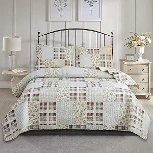 Jarson 3-Piece Plaid Quilt Set Full/Queen Size, Lightweight Soft Summer Plaid Bedding Set, Reversible Patchwork Flroal Bedspread (1 Coverlet & 2 Pillow Shams Included)