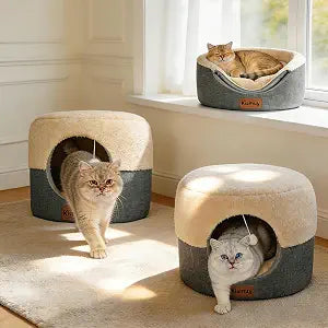 2-in-1 Foldable Cat Bed for Indoor Cats, Cat Cave & Sofa Bed | 15.7"D x 13"H, 2 Pack, Reversible Plush & Linen Cushion,Enclosed Cat Bed, Non-Slip Bottom, Small Cat Tent, Grey