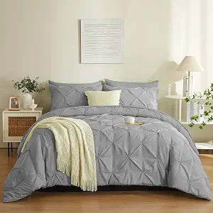 BOLINLIVING King Comforter Set, 7 Pieces Boho Pintuck Bed in A Bag, Pleat Pinch Comforters for All Seasons, Comforter Set with Flat Sheet, Fitted Sheet, Pillowcases & Sham, Grey