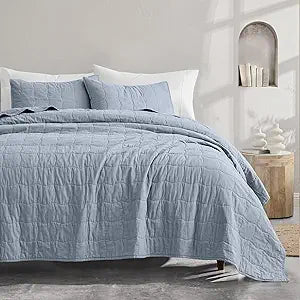Wonderful Natural Linen Cotton Quilt - Skin-Friendly Breathable & Hypoallergenic Quilt King, 3 Piece Wavy Box Stitched Dusty Blue Bedding Set, All-Season Use Bedspread & Coverlet Bedding, 104"x94"
