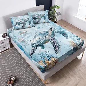Blue Sea Turtle Bedding Sets Queen Size,Jellyfish Waterweed Pattern Fitted Sheet Set for Kids Boys Girls Room Decor,Ocean Themed Bedding Sets,1 Fitted Sheet+2 Pillowcases.