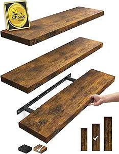 BAYKA Floating Shelves for Wall, Set of 3, 22.5 Inch Rustic Wood Wall Mounted Shelving for Bathroom, Bedroom, Living Room or Kitchen, Hanging Display Decor Book Shelf with 22 lbs, Rustic Brown