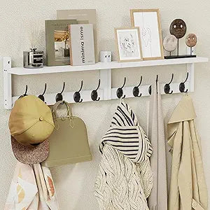 AMBIRD 34.2" L Wooden Wall Coat Hooks with Shelf - Versatile and Decorative Wall-Mounted Storage - 10 Hooks for Hanging Coats, Hats, Keys, Bags, Scarves - Ideal for Entryways, Bedrooms, Closets(White)