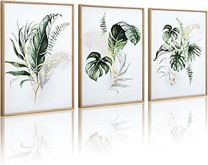 ArtbyHannah Bathroom Framed Wall Art, Botanical Canvas Paintings Wall Decor with Green and Gold Gilded Textured Modern Nature Pictures Plant Prints for Living Room Bedroom (12x16 Inch, Set of 3)