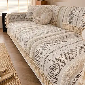 vctops Boho Cotton Linen Sofa Cover with Handmade Tassels Farmhouse Rustic Thick Tufted Setcional Couch Covers Non-Slip Soft Sofa Slipcover Washable Furniture Protector (Pattern F,43"x94")