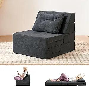 Folding Sofa Bed, Single Fold Out Chair Bed with Pillow 4 in 1 Convertible Sleeper Chair, Foam Foldable Couch Mattress, Futon Chair with Free Standing for Living Room/Guest/Apartment, Gray