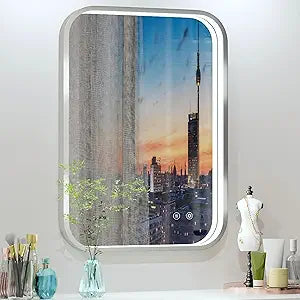 20x28 Inch Silver Frame LED Bathroom Mirror with Lights, Adjustable 3000K/4500K/6000K, Wall Mounted Lighted Bathroom Vanity Mirrors, Anti-Fog, Dimmable, Memory Function, Horizontal/Vertical