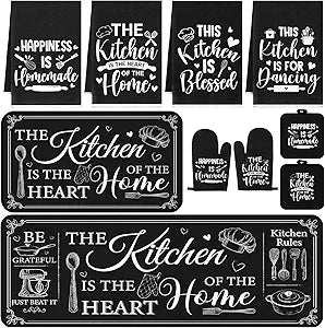 Fourluoo 10 Pcs Farmhouse Kitchen Decor and Accessories Set 4 Kitchen Towels 2 Pot Holders 2 Oven Mitts 2 Rugs for Cooking Baking Mom Housewarming Gifts(Black,Classic Style)