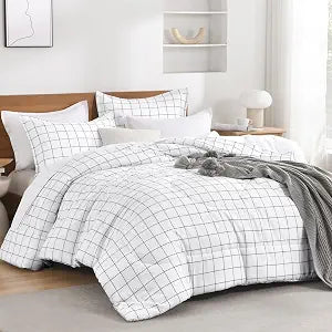Andency Full Comforter Sets White, Gingham Plaid Grid Checkered Bedding Set