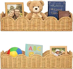 Nursery Book Shelves Set of 2 , Natural Rattan Handwoven Scalloped Floating Shelves , Wicker Rattan Nursery bookshelves, 15.8" W Wall Storage Baskets for kids,Boho , 3 in 1 Shelf ,Tray and Organizer