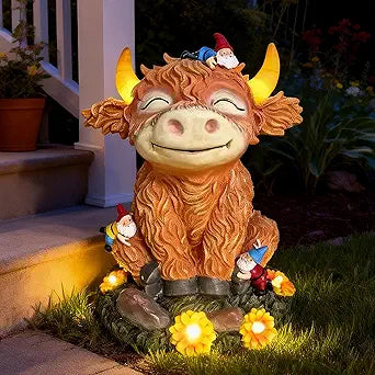 Solar Highland Cow Garden Statue with Funny Gnomes Outdoor Decor,Cow Figurine with LED Lights Yard Art Decoration for Garden,Patio,Lawn-Unique Gift for Mom,Grandma