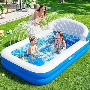 FizZeal Kiddies Pool,Inflatable Pool with Sprinkler,Inflatable Pools with Big Backrest for Toddlers,Rectangle Kids Pool Backyard,Kids Swimming Pool,Small Inflatable Pool, Outdoor Water Pool for Kids