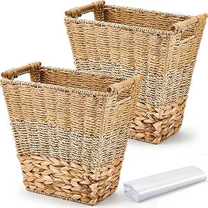 Mifoci 2 Pcs Wicker Trash Can with 50 Small Trash Bag Wicker Waste Woven Basket with Handles Clear Multi Use Garbage Bags for Bathroom Kitchen Bedroom(Multicolor)