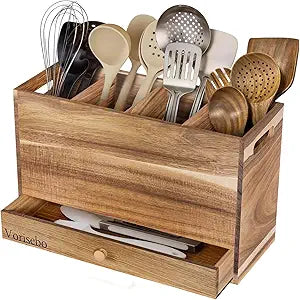 Acacia Wood Kitchen Utensil Holder for Countertop, Large Wooden Utensils Holder with 4 Compartment, Farmhouse Utensil Caddy with Drawer for Storage Cooking and Silverware