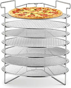 Honeydak 7-Slot Folding Pizza Pan Rack with 7 14-Inch Pizza Baking Screens for Compact Convenient and Easy Storage, Home Restaurant