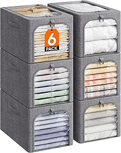 Lifewit Clothes Storage Bins with Metal Frame 6 Pack, Fabric Stackable Storage Bags with Lids, Zipper, Foldable Clost Organizers Containers for Clothing, Blanket, Winter Cloth, 40L